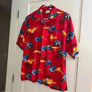 Vintage BoUvy Rayon Red Hawaiian Shirt L Red Large Print Button Down Shirt